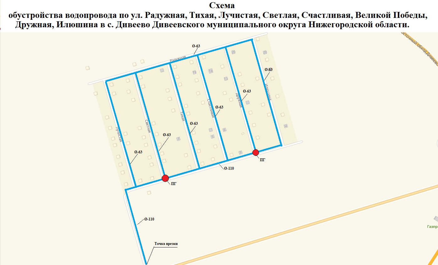 Обустройство водопровода по ул.Радужная, Тихая, Лучистая, Светлая, Счастливая, Великой Победы, Дружная, Илюшина в с. Дивеево Дивеевского муниципального округа Нижегородской области.